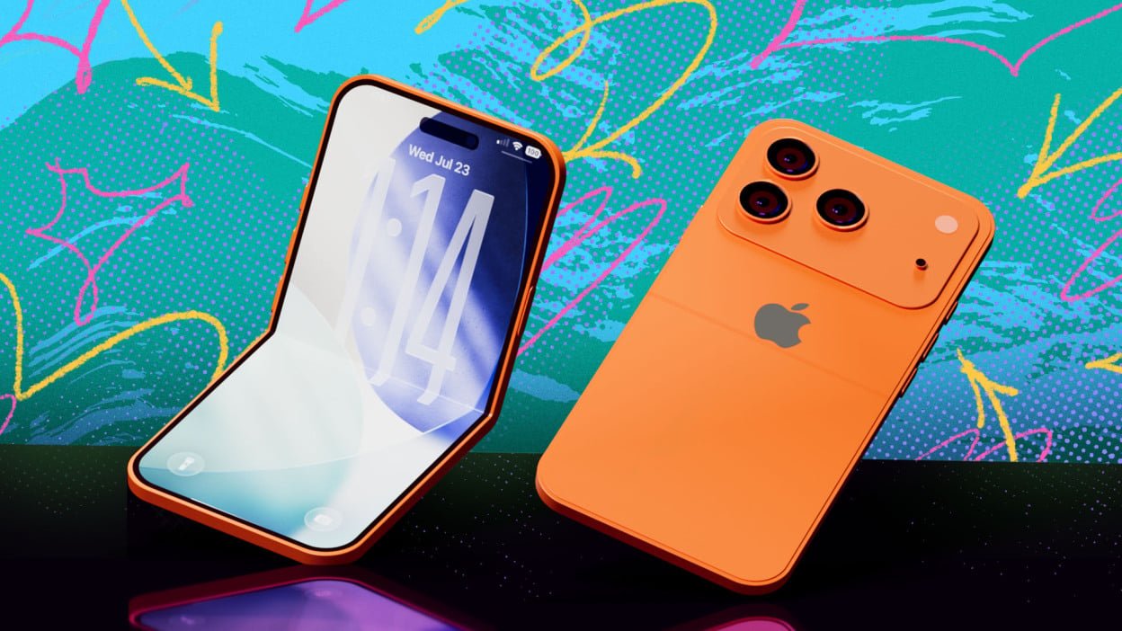photo concept of an orange foldable iphone