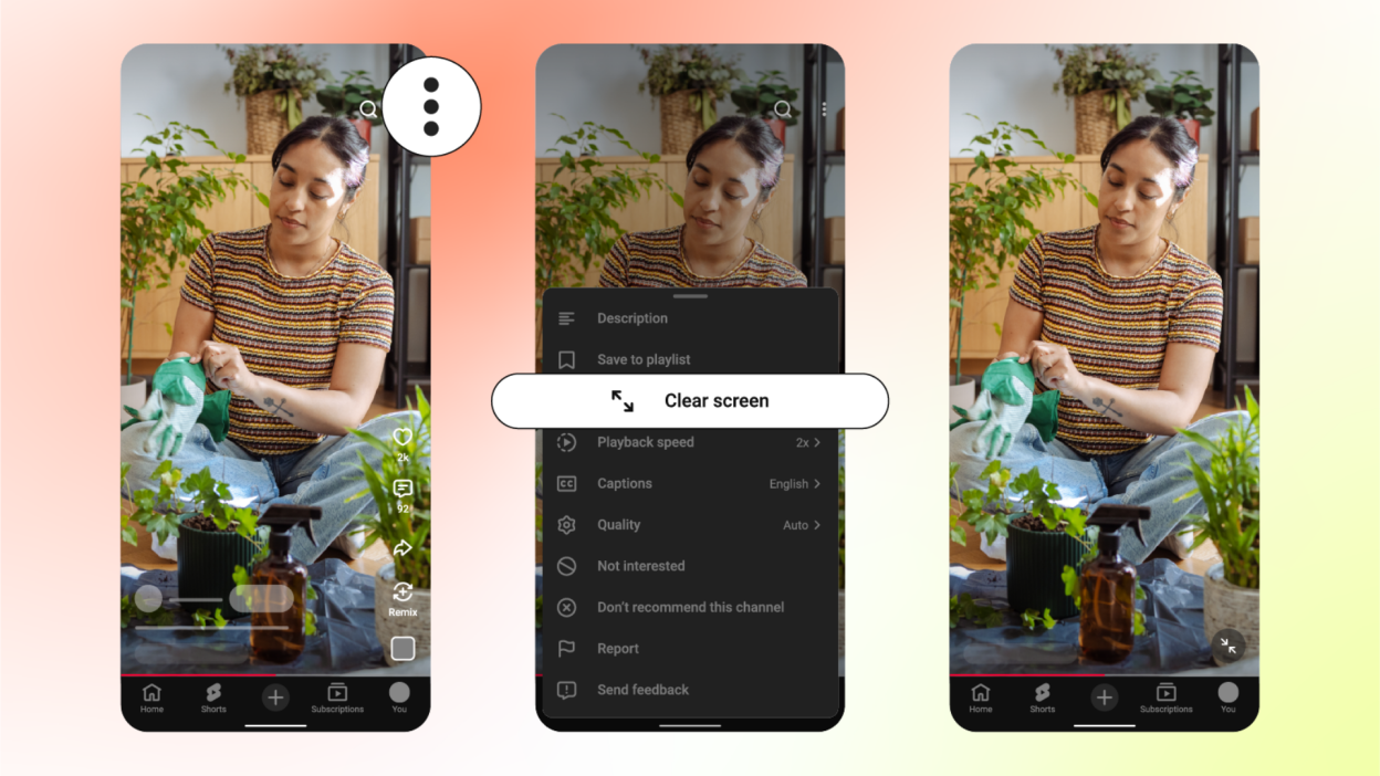 Three images of YouTube Shorts showing new feature to "clear screen".