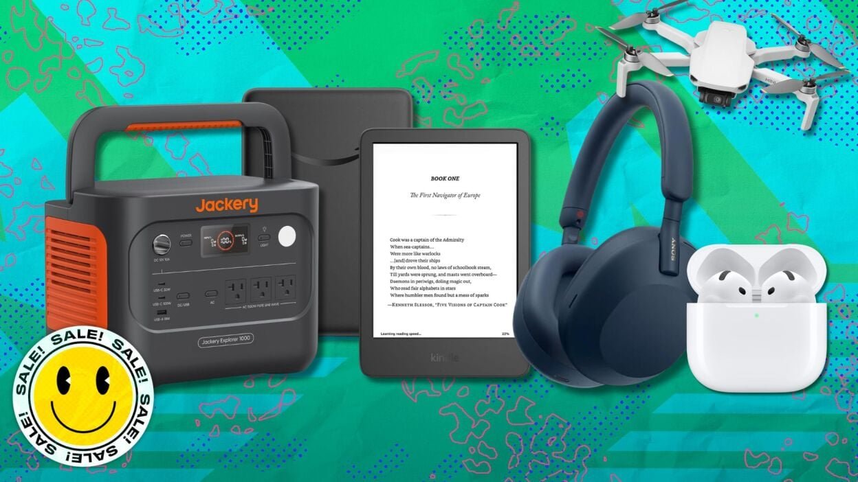 jackery power station, dji drone, kindle, sony headphones, airpods with smiley face sticker that says 